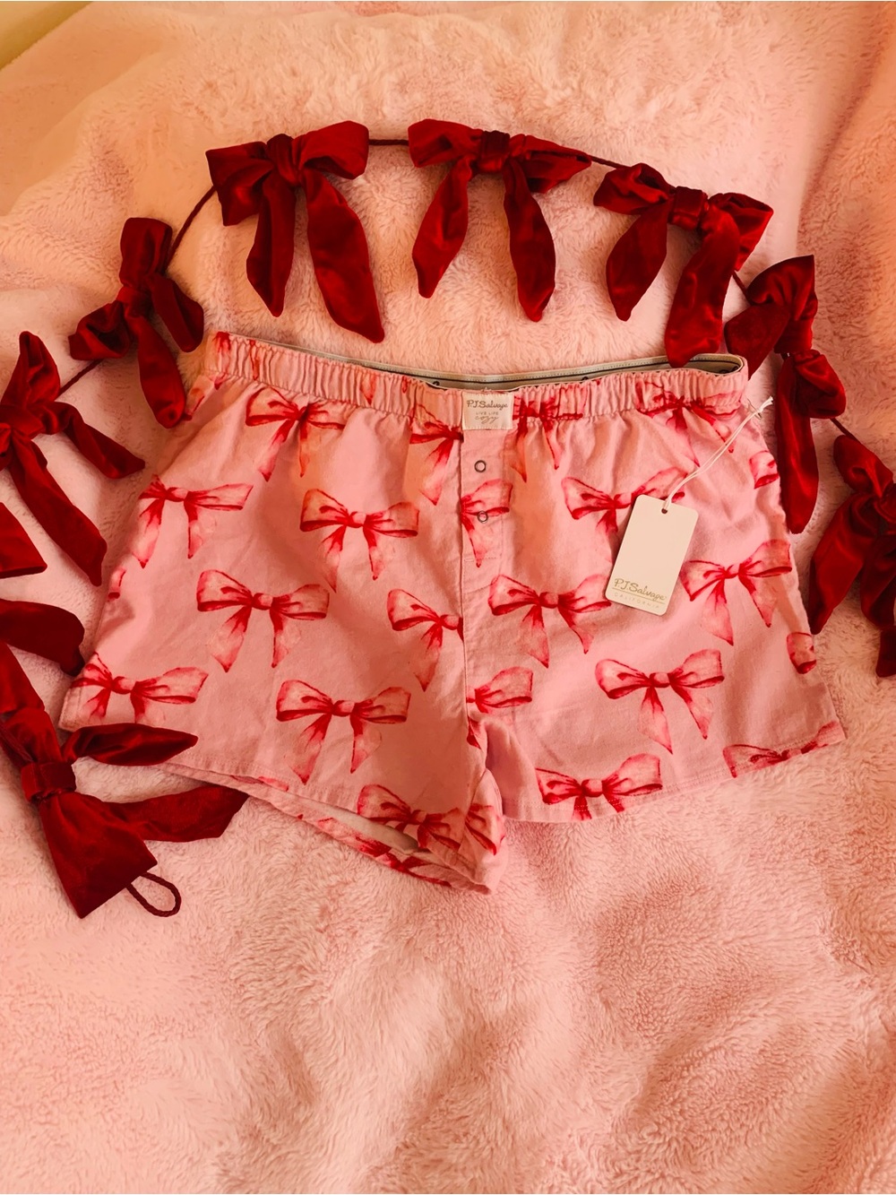 PJ Salvage Flannel Pajama Shorts Put A Bow On It Candy Pink L Loungewear NWT